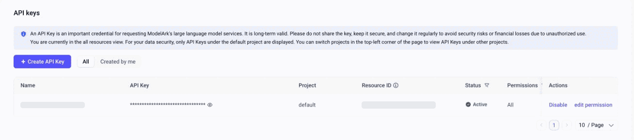ModelArk → API keys: кнопка Create API Key — над списком.