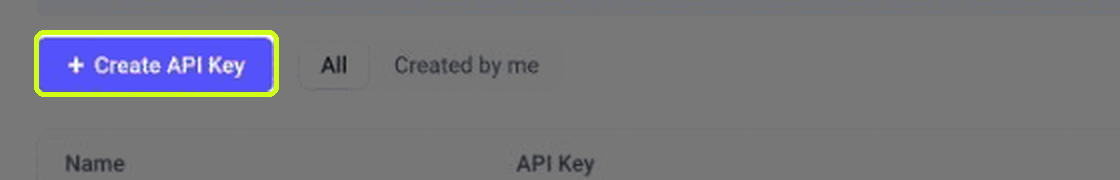 Кнопка Create API Key над списком ключей