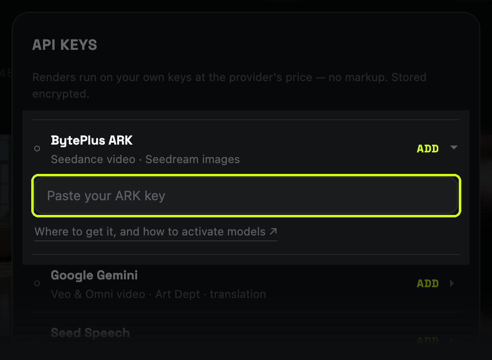 The studio's API keys dialog with the BytePlus ARK field highlighted